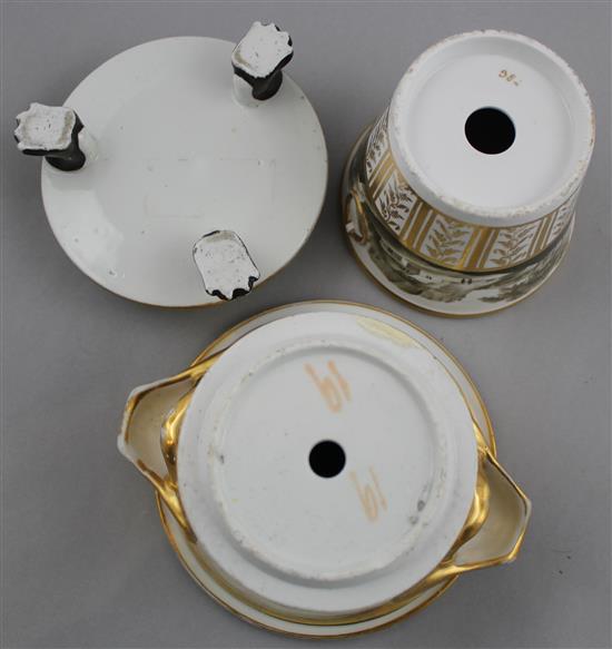 Two Coalport cache pots and a stand, c.1800-10, 9cm, larger pot with some restoration